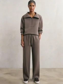 New Reiss Laney Premium Interlock Wide-Leg Joggers Taupe Brown