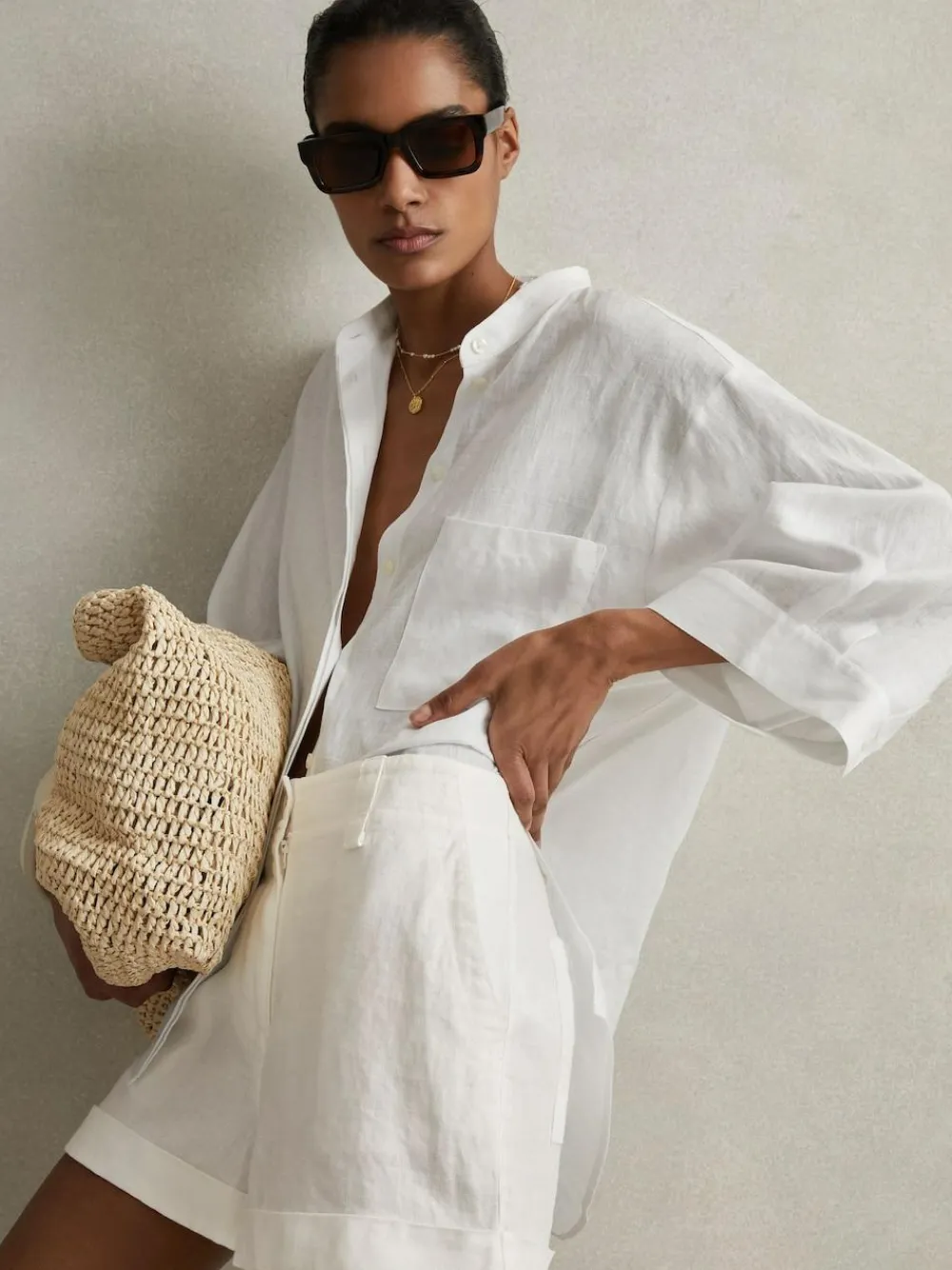 Reiss White Demi Linen Garment Dyed Shorts