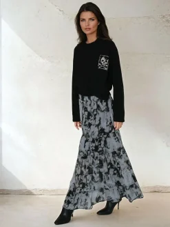 Hot Religion Black Citrine Tiered Maxi Skirt In Dark Abstract Print