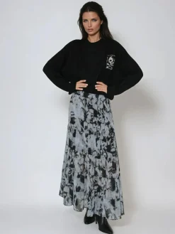Hot Religion Black Citrine Tiered Maxi Skirt In Dark Abstract Print