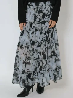 Hot Religion Black Citrine Tiered Maxi Skirt In Dark Abstract Print