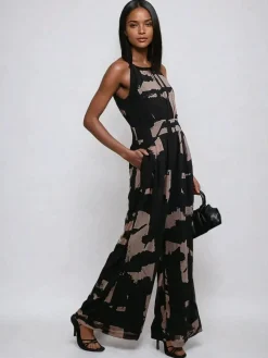 Discount Religion Crew Wide Leg Jumpsuit in Abstract Façade Print Black