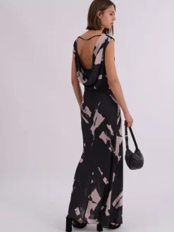 Religion Black Dawn Maxi Column Dress With Draped Back Detail In Hand-Painted Print^Women Maxi Dresses