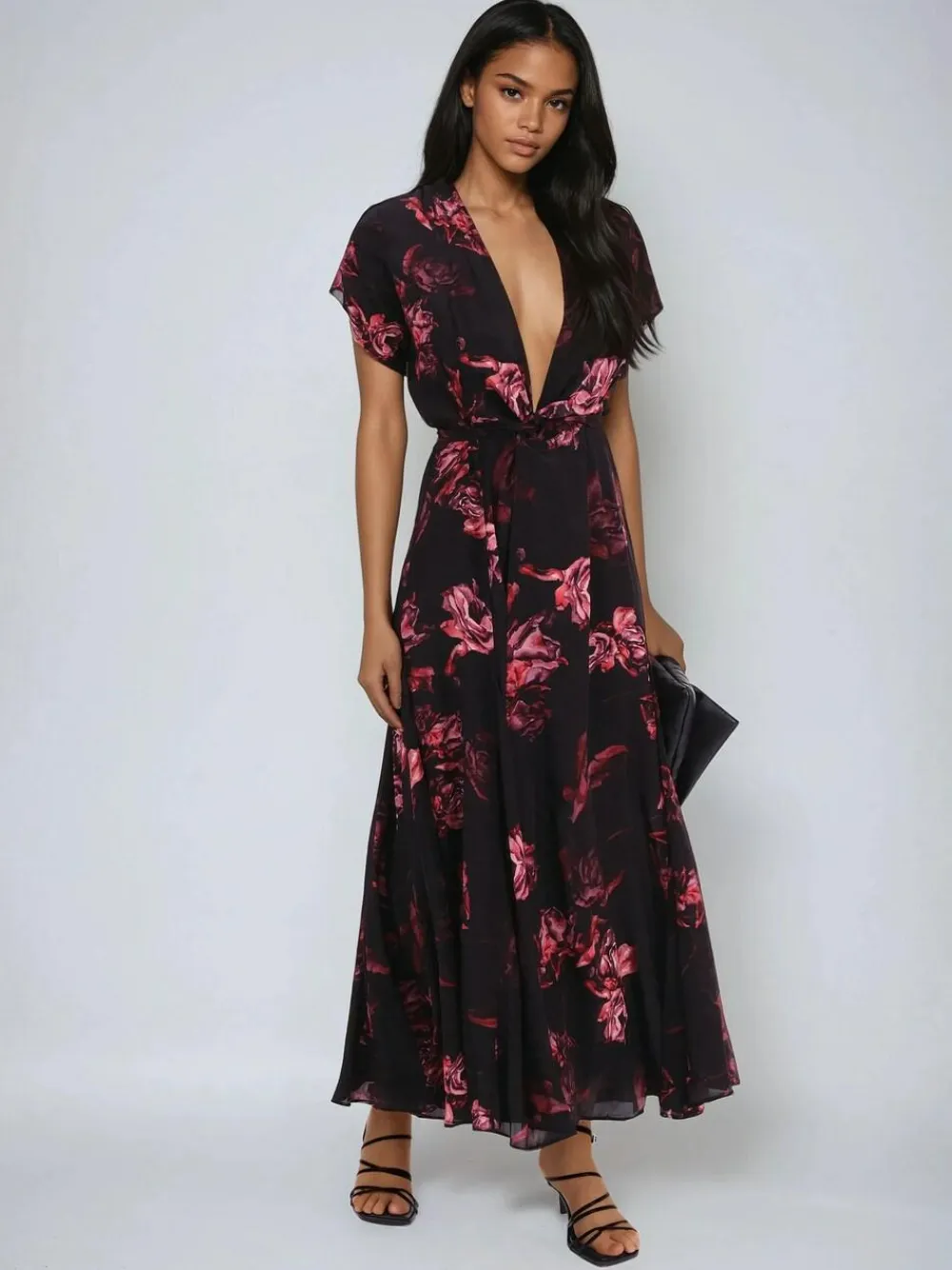 Clearance Religion Black Fade Maxi 2 Way Wrap Dress In Dark Floral