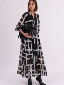 Religion Black Sunset Maxi Shirt Dress With A Tiered Boho Style Skirt In Abstract Prints^Women Maxi Dresses