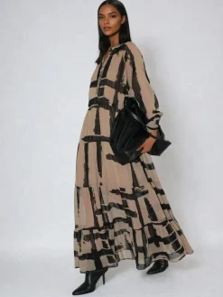 Religion Brown Loose Zoe Maxi Dress In Bold Selvage Black Stripe On Caramel^Women Maxi Dresses