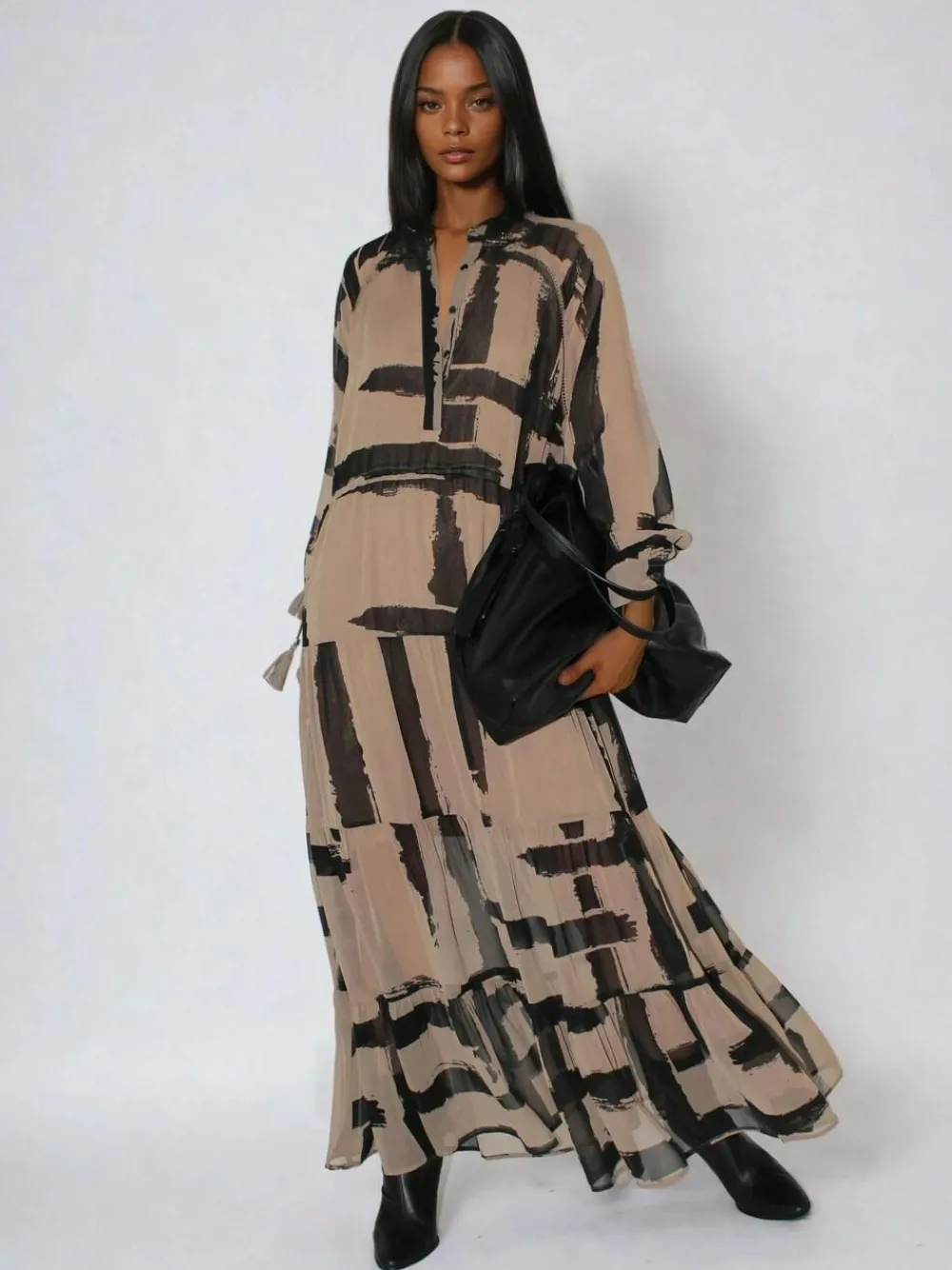 Religion Brown Loose Zoe Maxi Dress In Bold Selvage Black Stripe On Caramel^Women Maxi Dresses