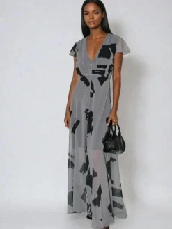 Online Religion Grey Indium Maxi Tea Dress With Feminine Button Detail In Abstract