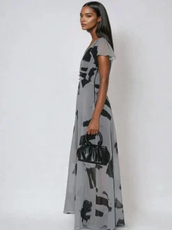 Online Religion Grey Indium Maxi Tea Dress With Feminine Button Detail In Abstract