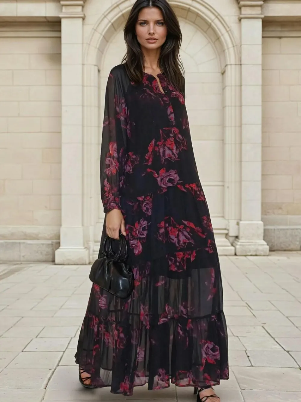 Religion Red Zoe Tiered Maxi Boho Dress With Tiered Skirt In Dark Floral^Women Maxi Dresses