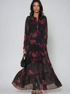 Religion Red Zoe Tiered Maxi Boho Dress With Tiered Skirt In Dark Floral^Women Maxi Dresses