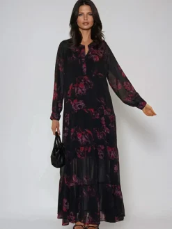 Religion Red Zoe Tiered Maxi Boho Dress With Tiered Skirt In Dark Floral^Women Maxi Dresses