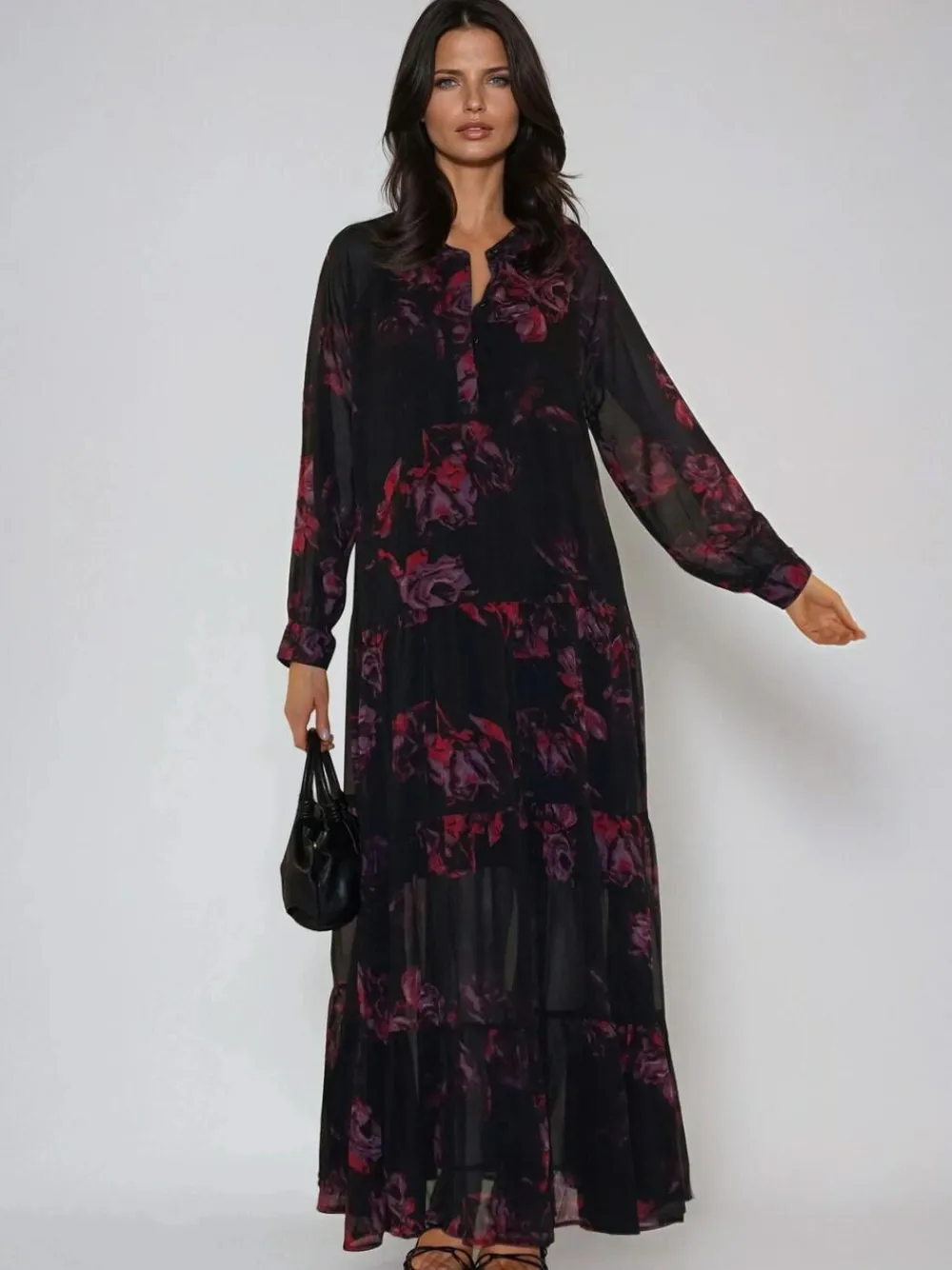 Religion Red Zoe Tiered Maxi Boho Dress With Tiered Skirt In Dark Floral^Women Maxi Dresses