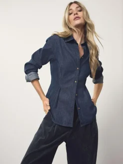 Sale Next Cinch Waist Fitted Long Sleeve Denim Shirt Rinse Blue
