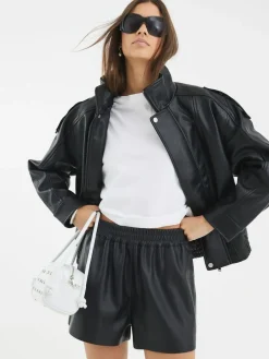 River Island Black Elasticated Faux Leather Shorts^Women Shorts