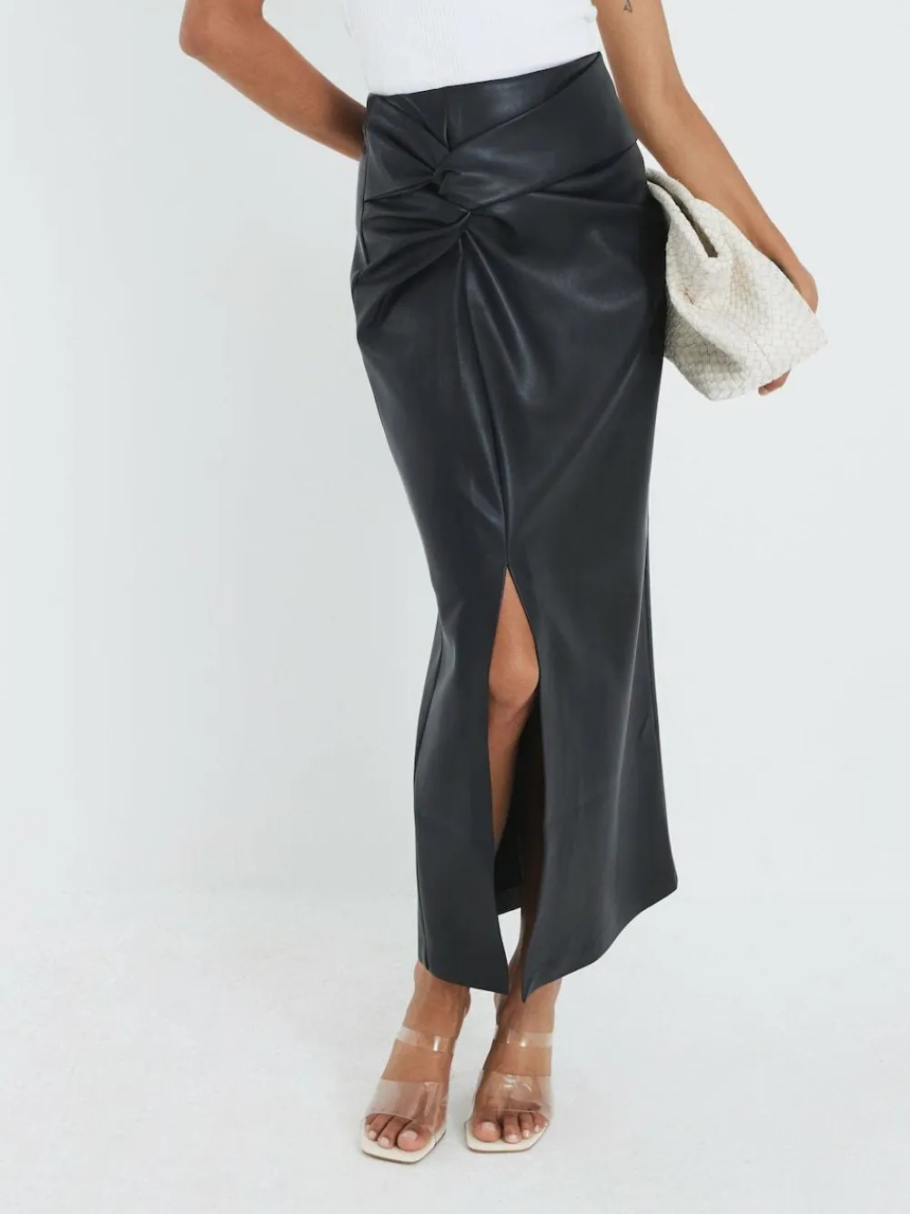 River Island Black Faux Leather Twist Side Midi Skirt^Women Skirts