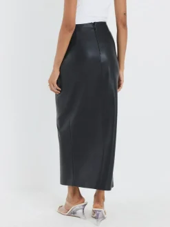 River Island Black Faux Leather Twist Side Midi Skirt^Women Skirts