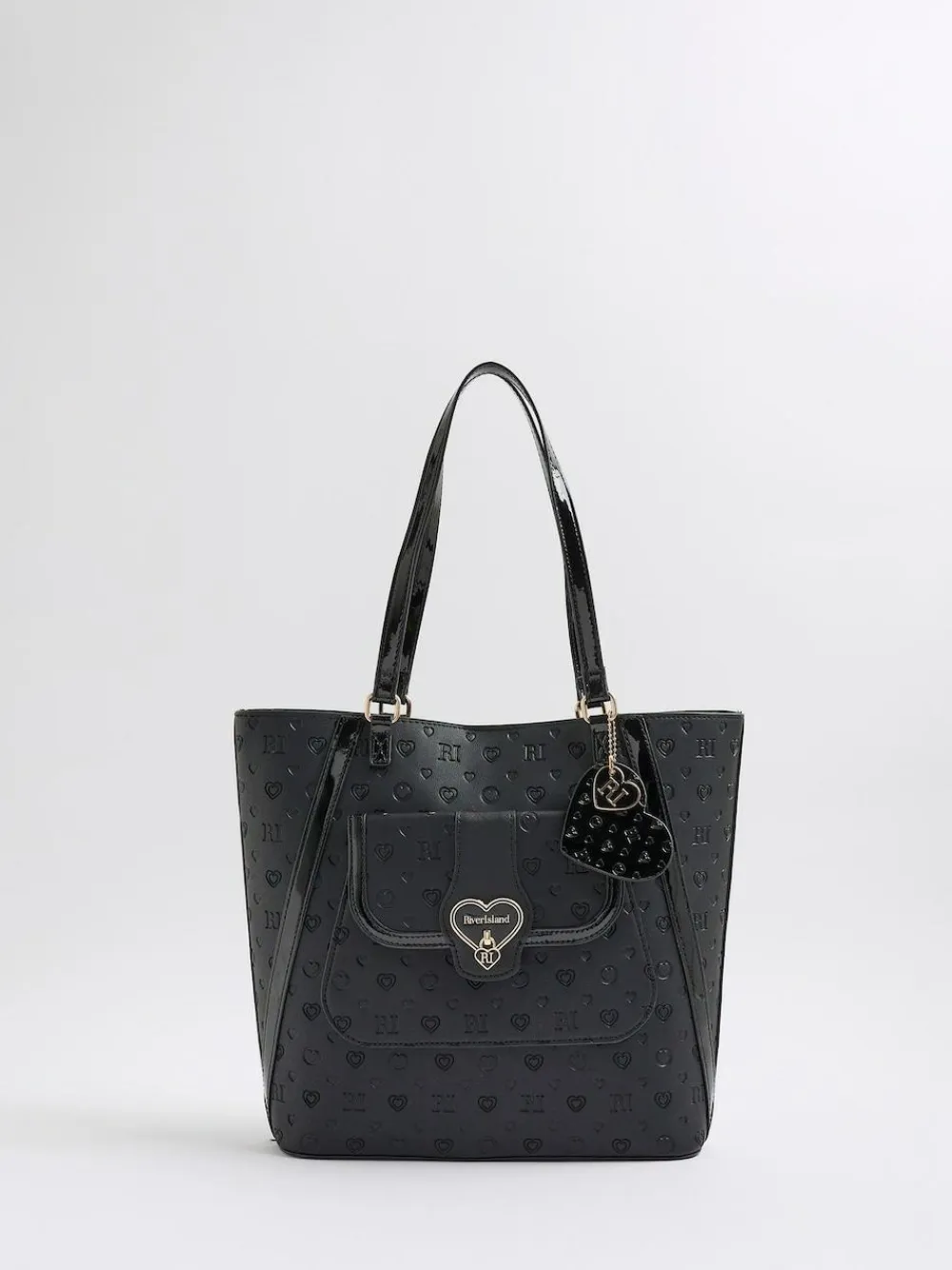 New River Island Black Heart Lock Pocket Shopper Bag