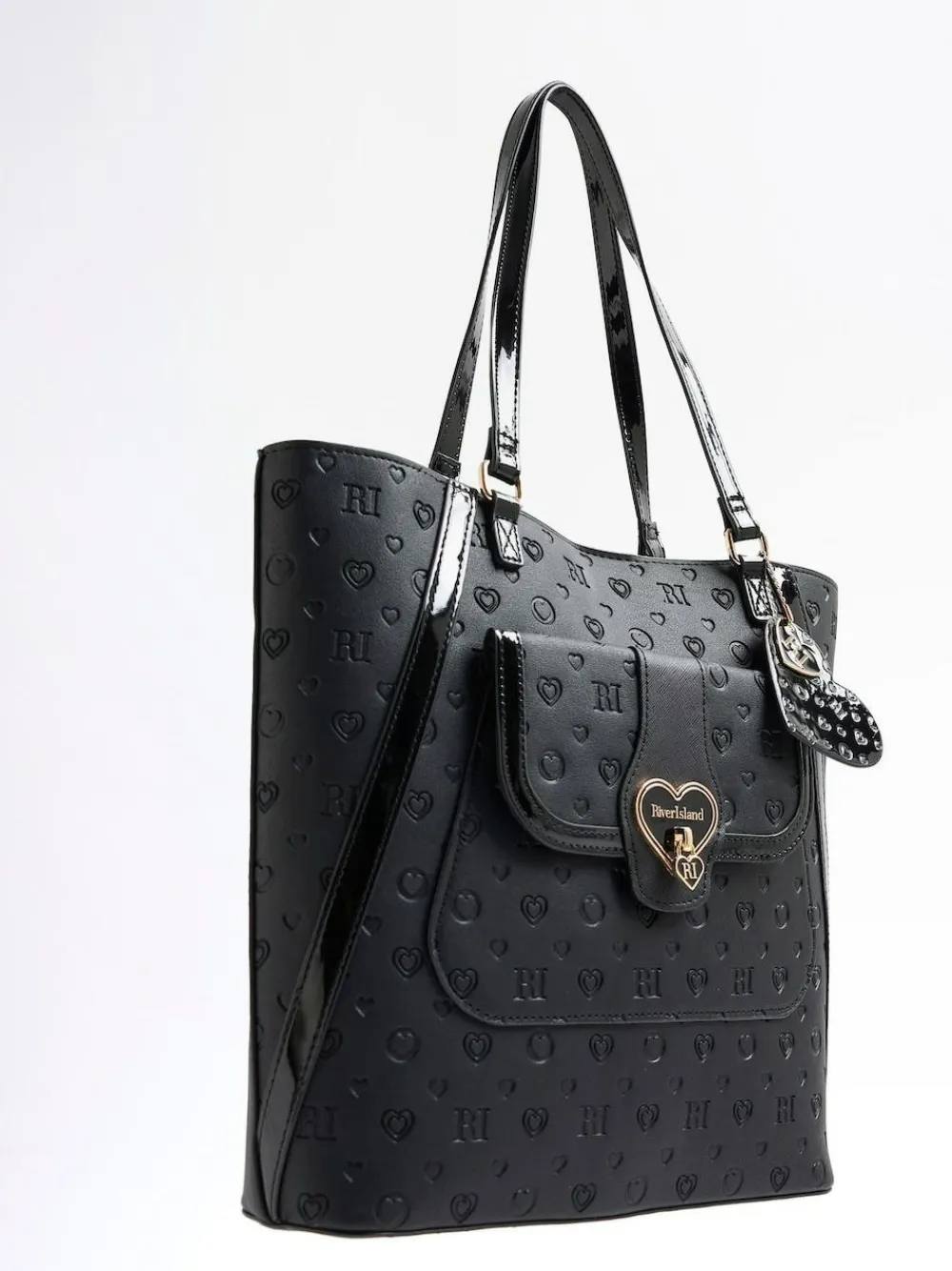 New River Island Black Heart Lock Pocket Shopper Bag
