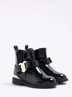 River Island Black Patent Heart Bow Chelsea Boots^ Baby Boots|Boots