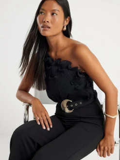 River Island Black Petite 3D Trim One Shoulder Jumpsuit^Women Jumpsuits & Playsuits