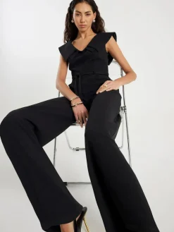 Outlet River Island Black Sleeveless Double Collar Belted Jumpsuit