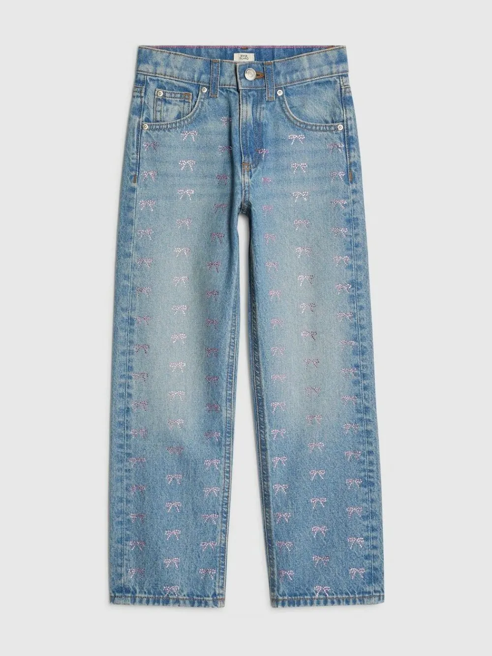 Hot River Island Blue Bow Hotfix Straight Leg Jeans