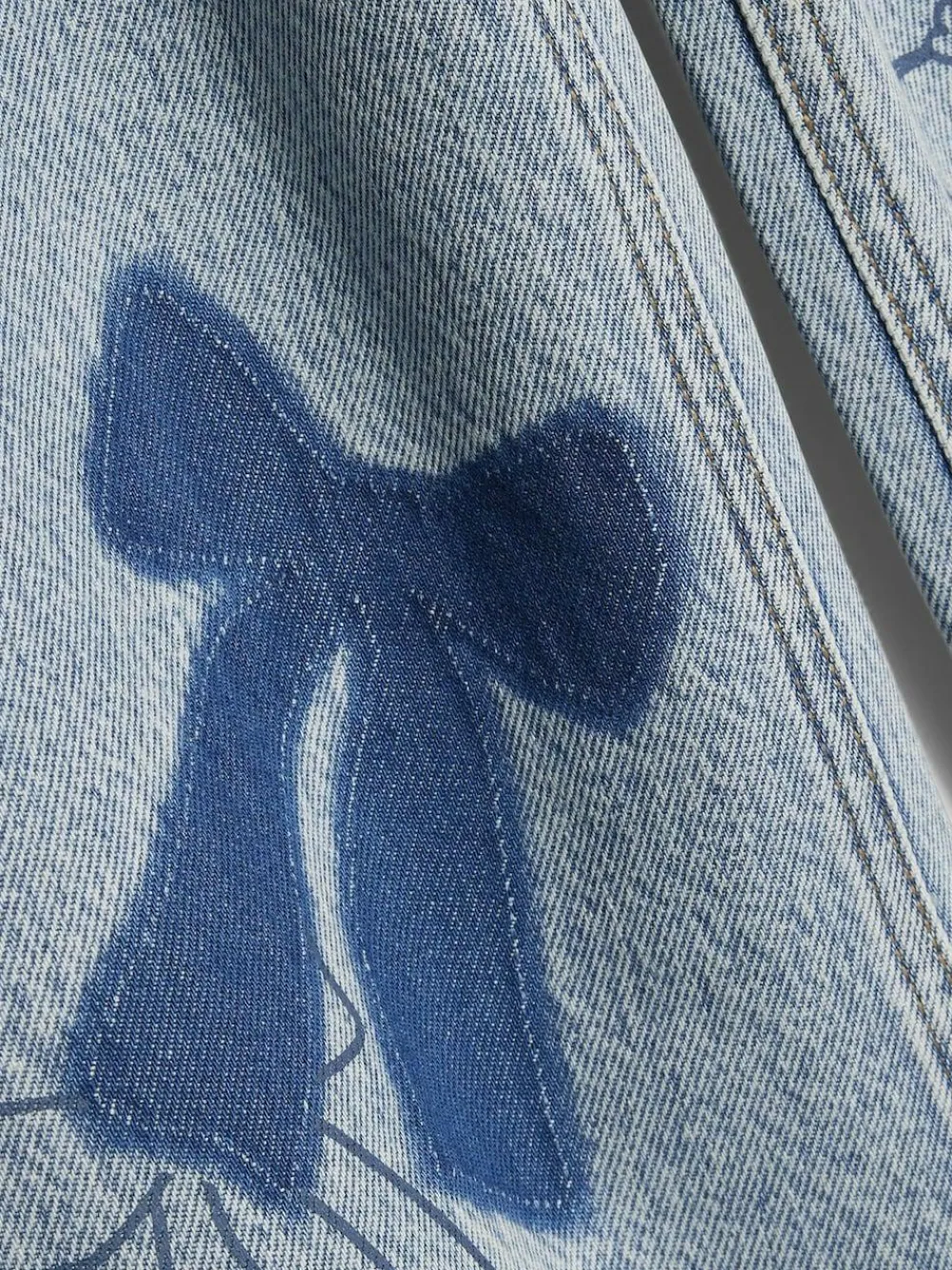 River Island Blue Bow Patchwork Wide Leg Jeans