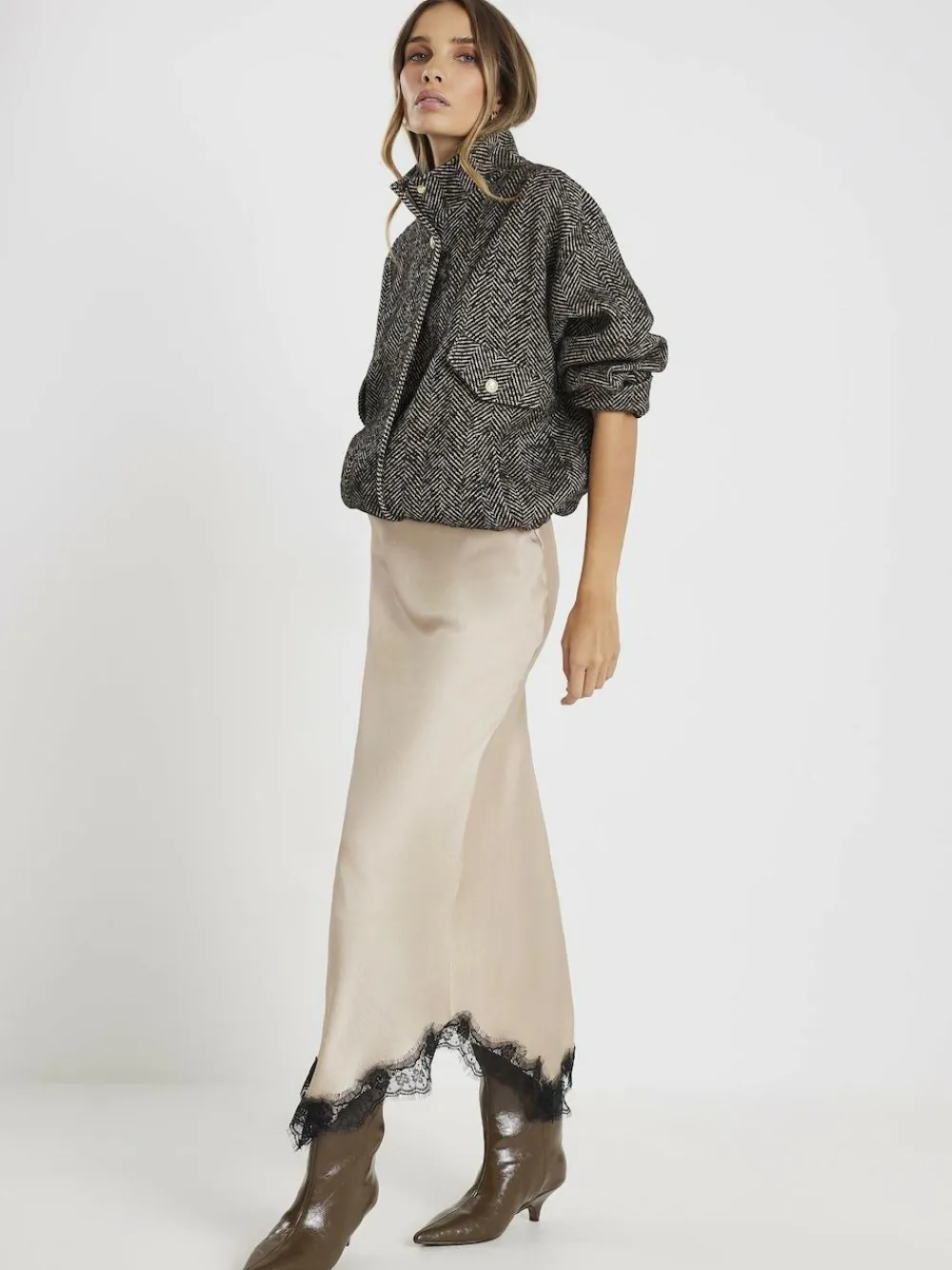 Clearance River Island Brown Satin Skirt With Lace