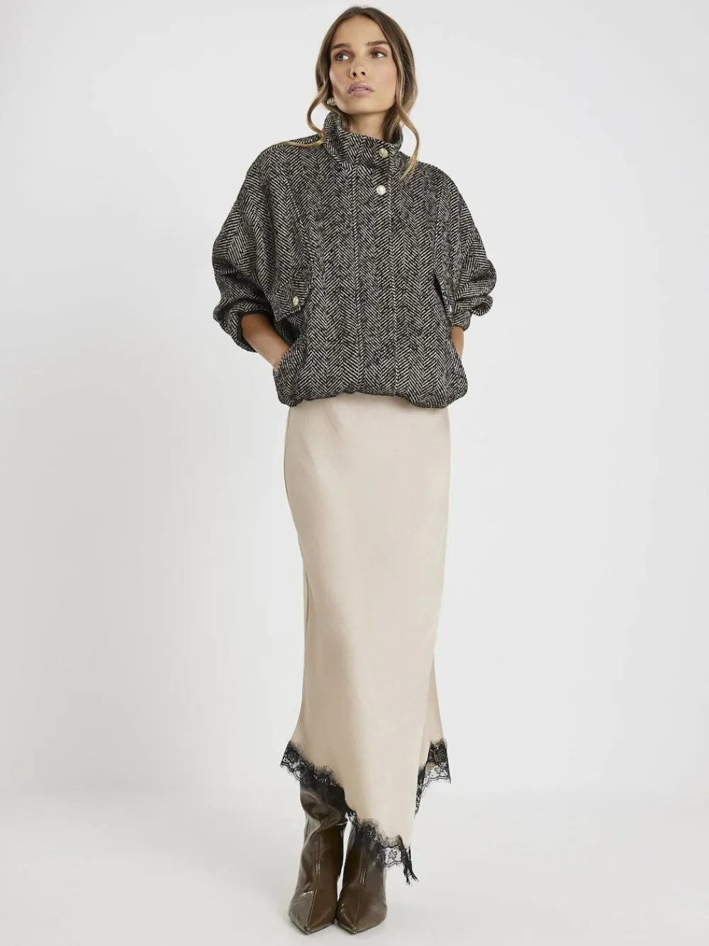 Clearance River Island Brown Satin Skirt With Lace