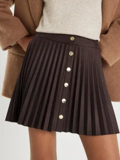 Sale River Island Brown Suedette Button Pleated Mini Skirt