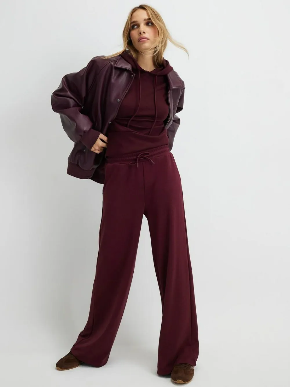 River Island Burgundy Premium High Waisted Wide Leg Joggers^Women Leggings & Sweatpants