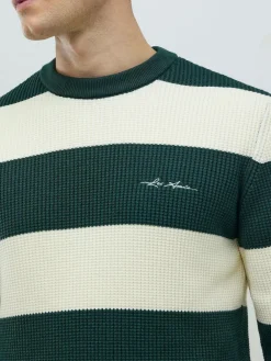 River Island Green Slim Fit Stripe Crew Neck Waffle Knit Jumper^ Loungewear|Knitwear