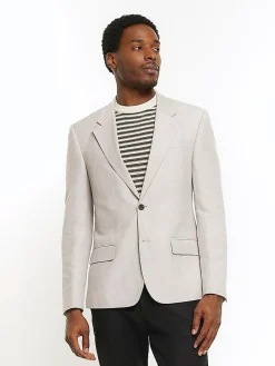Sale River Island Grey Linen Single Breasted Slim Fit Suit Jacket