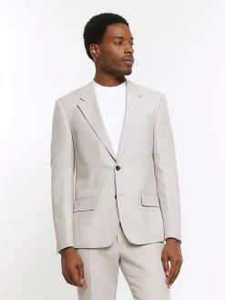 Sale River Island Grey Linen Single Breasted Slim Fit Suit Jacket