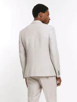 Sale River Island Grey Linen Single Breasted Slim Fit Suit Jacket