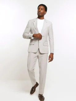 Sale River Island Grey Linen Single Breasted Slim Fit Suit Jacket