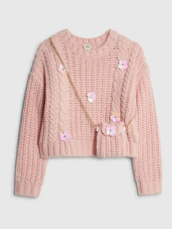 Hot River Island Pink Flower Embroidered Cable Jumper