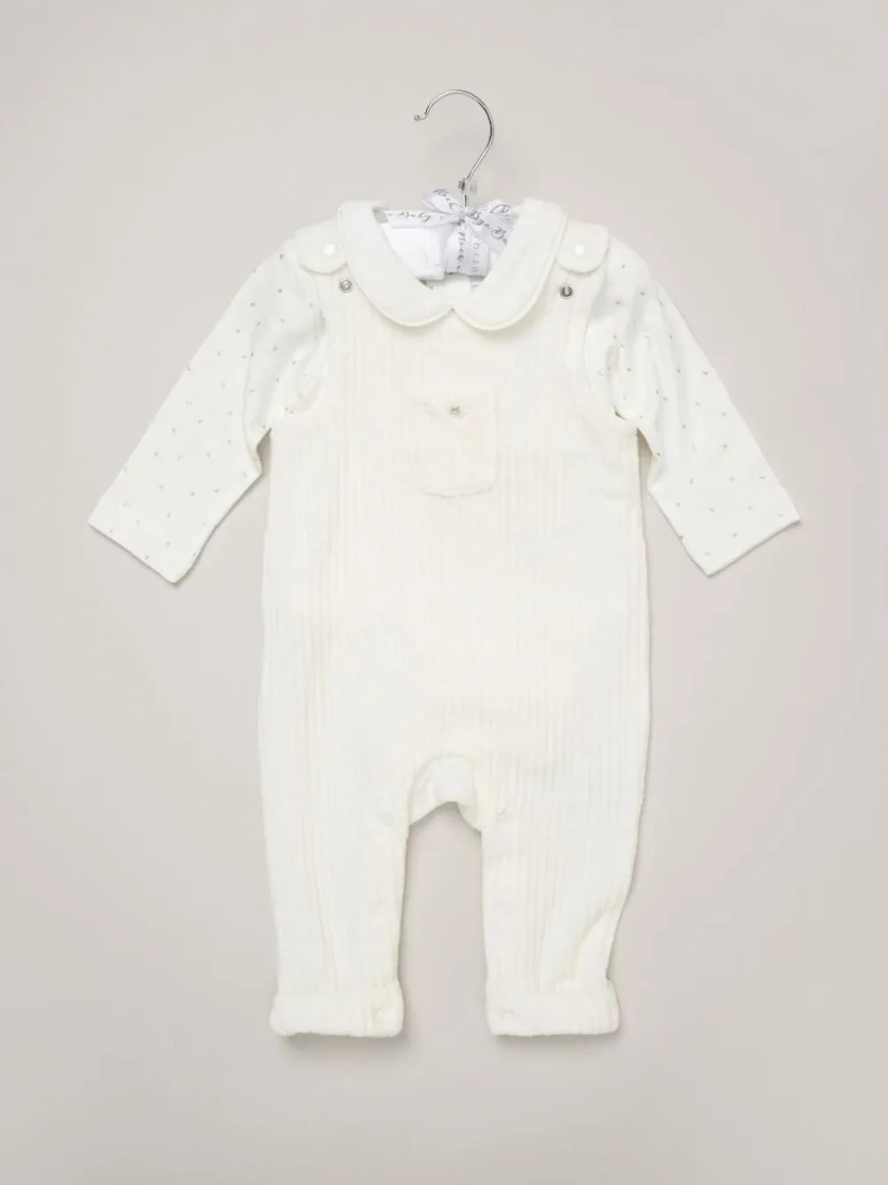 New Rock-A-Bye Baby Boutique Baby Velour White Dungarees and Bodysuit Set