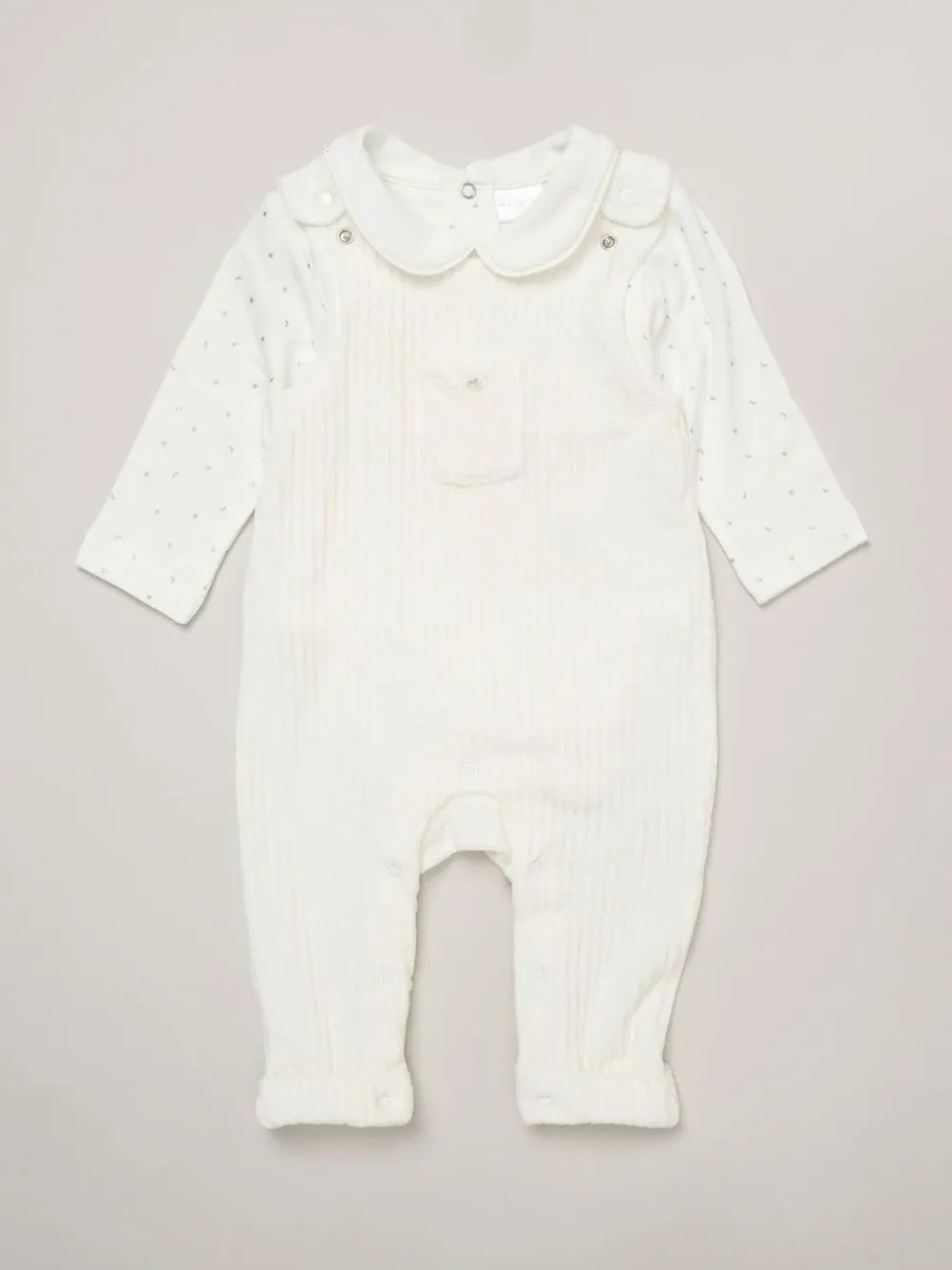 New Rock-A-Bye Baby Boutique Baby Velour White Dungarees and Bodysuit Set