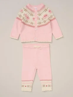 Rock-A-Bye Baby Boutique Pink True Knit Fairisle Pattern Cardigan And Trousers Outfit Set^ Knitwear & Sweaters|Knitwear