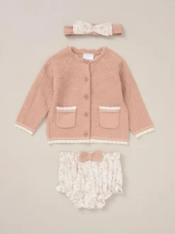 Outlet Rock-A-Bye Baby Boutique Pink Cardigan Woven Dobby Shorts Headband and Tights Outfit Set
