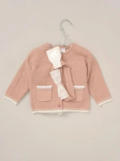 Outlet Rock-A-Bye Baby Boutique Pink Cardigan Woven Dobby Shorts Headband and Tights Outfit Set