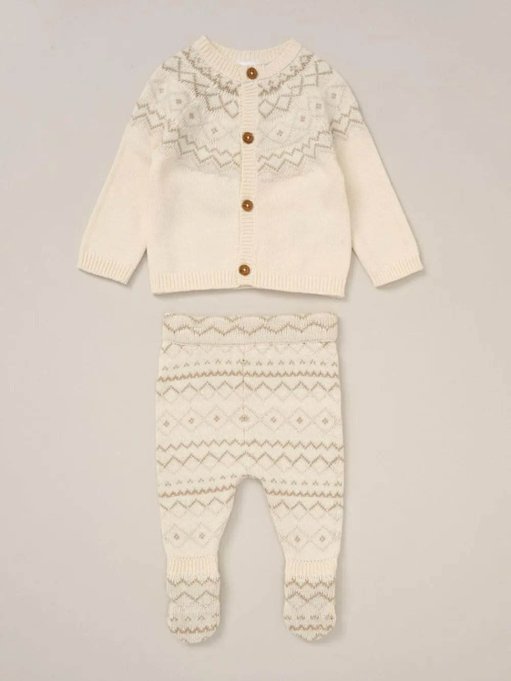 Rock-A-Bye Baby Boutique True Knit Fairisle Pattern White Cardigan And Footed Trousers Outfit Set