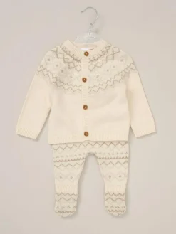 Rock-A-Bye Baby Boutique True Knit Fairisle Pattern White Cardigan And Footed Trousers Outfit Set