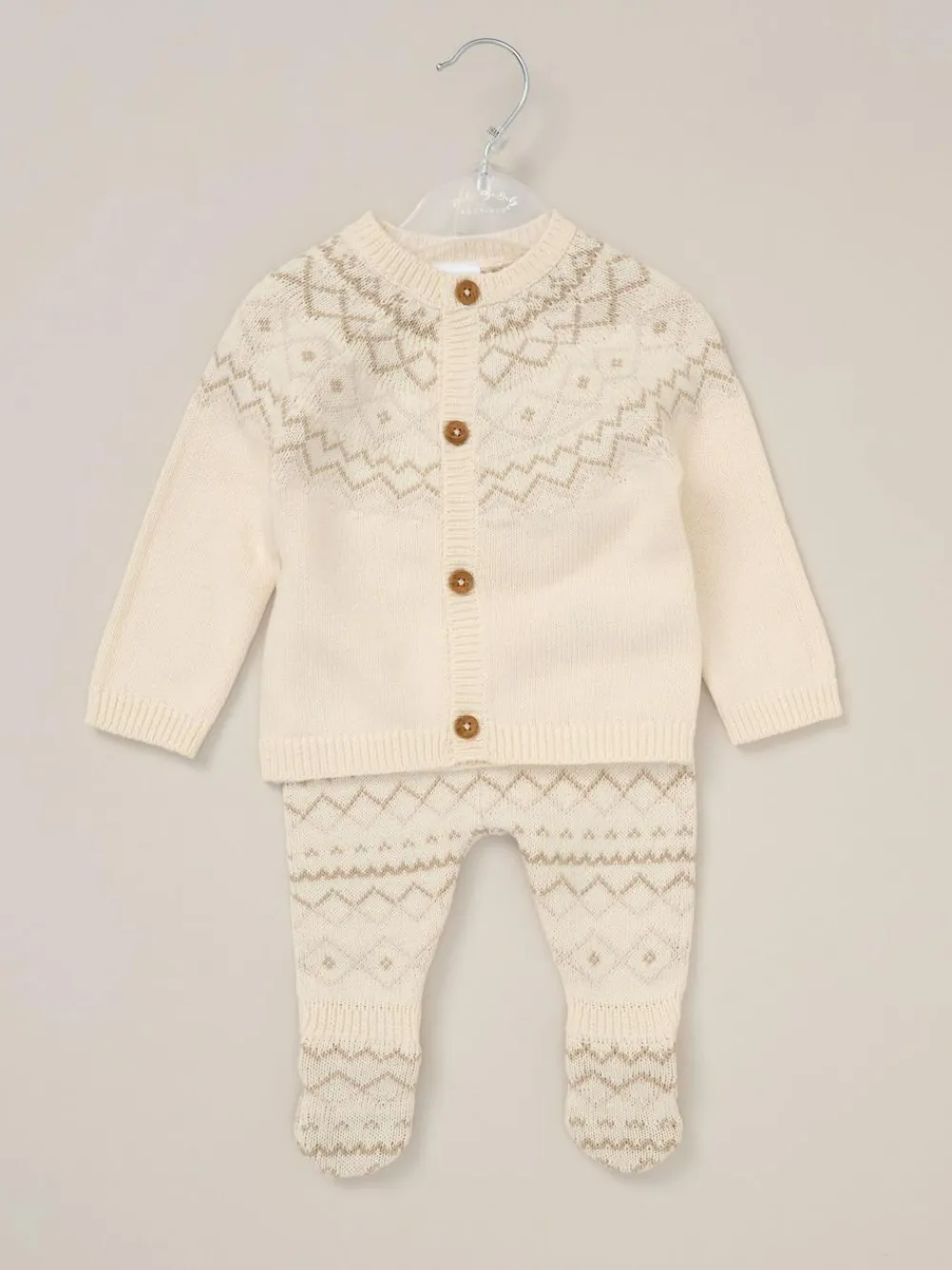 Rock-A-Bye Baby Boutique True Knit Fairisle Pattern White Cardigan And Footed Trousers Outfit Set