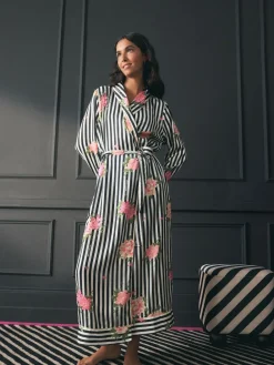 Rockett St George Black/White Flower Power Stripe Satin Robe^Women Bathrobes