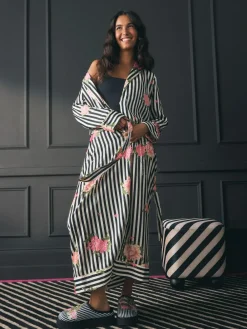 Rockett St George Black/White Flower Power Stripe Satin Robe^Women Bathrobes