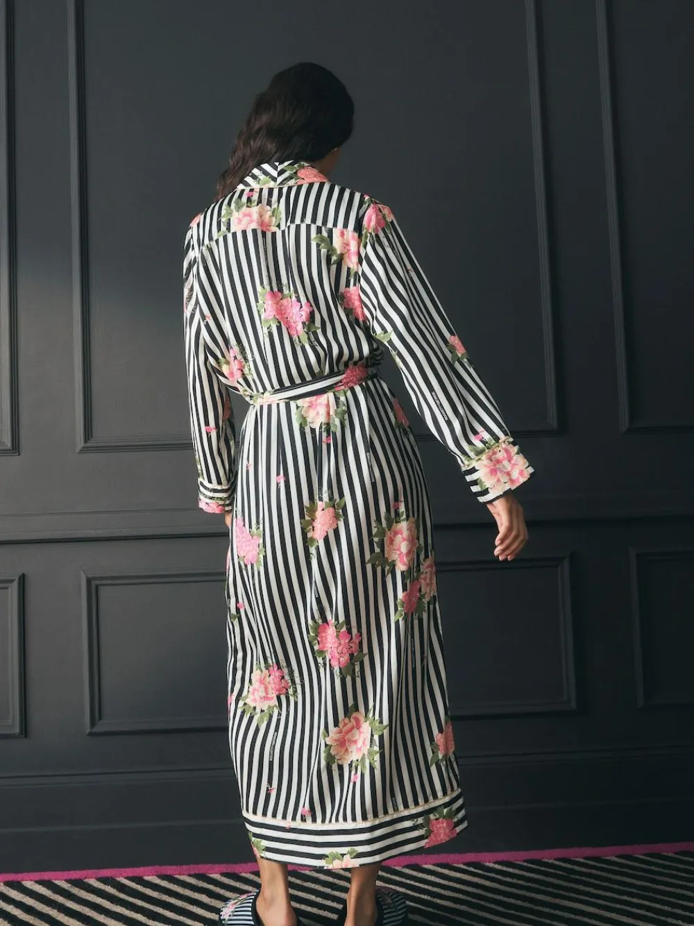Rockett St George Black/White Flower Power Stripe Satin Robe^Women Bathrobes