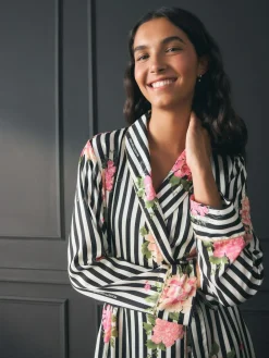 Rockett St George Black/White Flower Power Stripe Satin Robe^Women Bathrobes